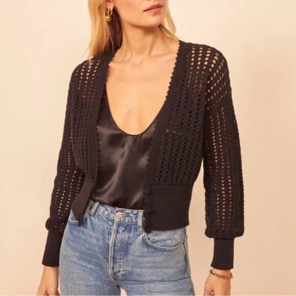 reformation - NWT erin cardigan sweater open knit cropped boxy black - Picture 1 of 7